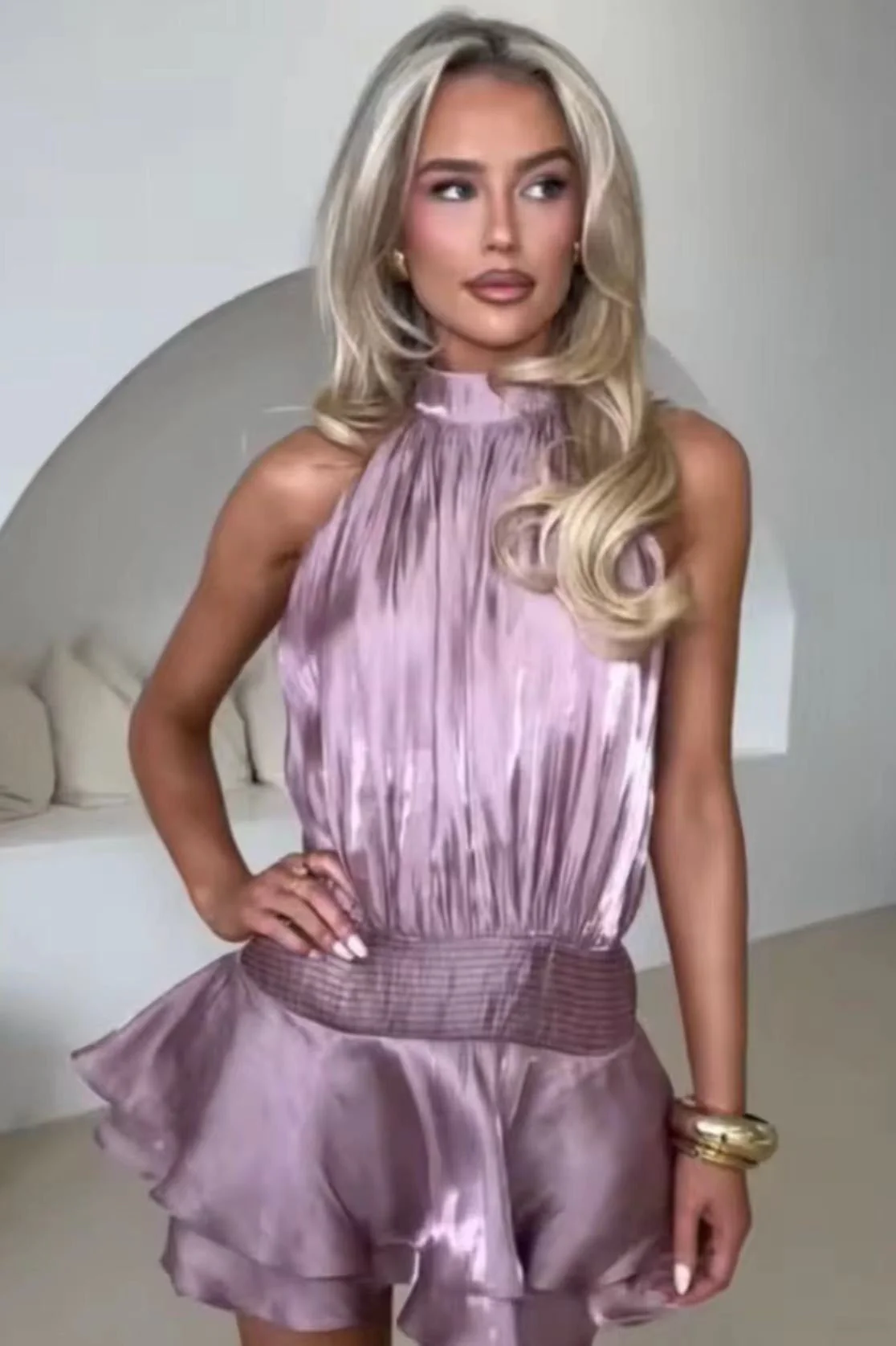 Elegant Halter Satin Jacquard Stripe Mini Dress - Image 11