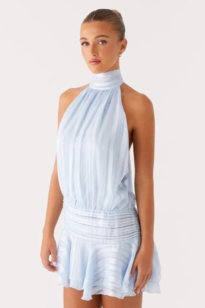 Elegant Halter Satin Jacquard Stripe Mini Dress - Image 17