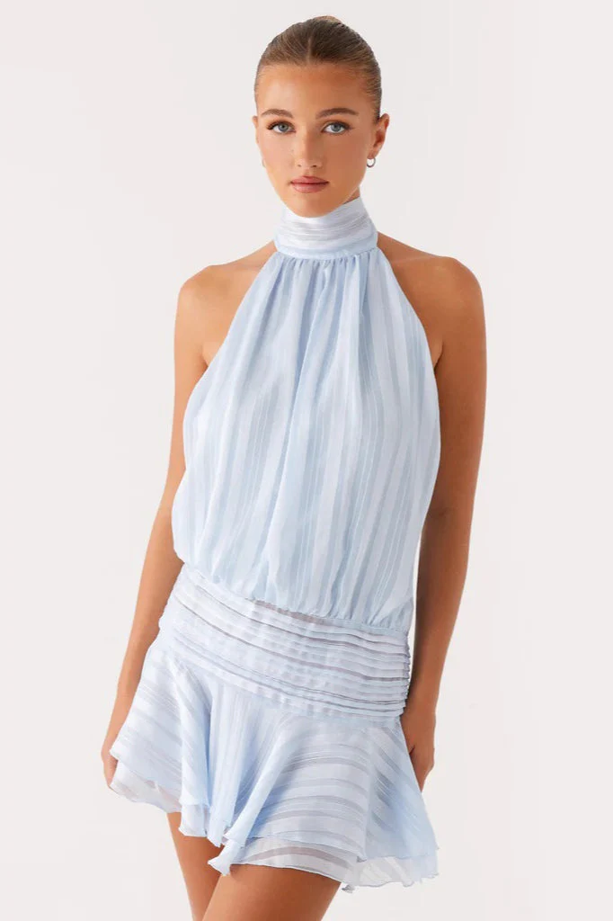 Elegant Halter Satin Jacquard Stripe Mini Dress - Image 18