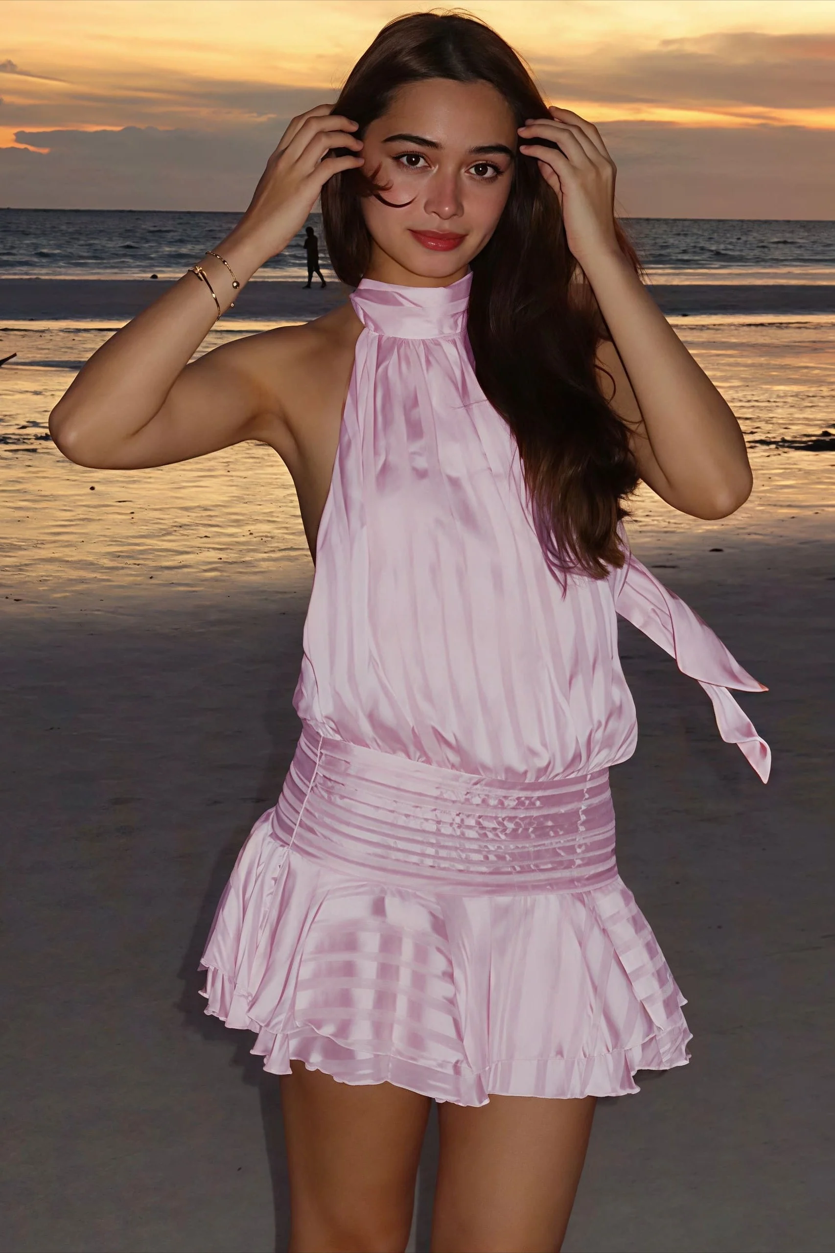 Elegant Halter Satin Jacquard Stripe Mini Dress - Image 8