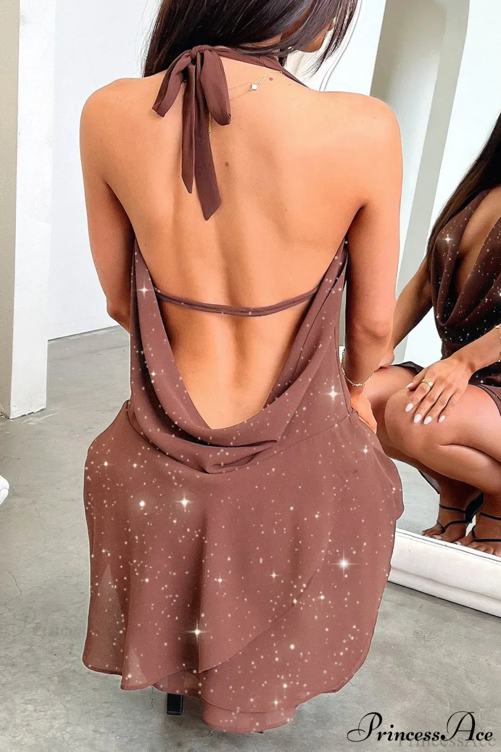 Elegant Halter Sequin Solid Color Short Party Dress - Image 5