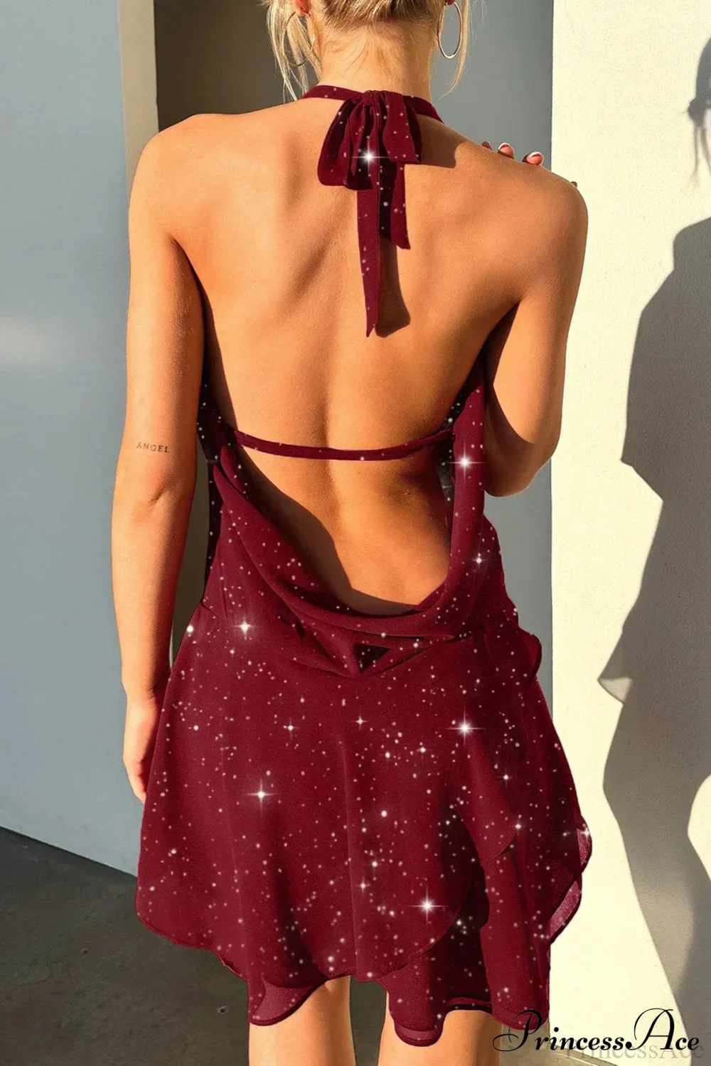 Elegant Halter Sequin Solid Color Short Party Dress - Image 8