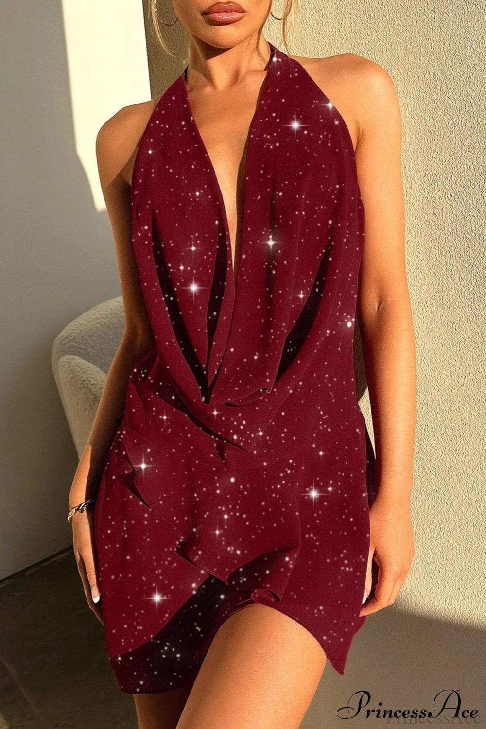 Elegant Halter Sequin Solid Color Short Party Dress - Image 9