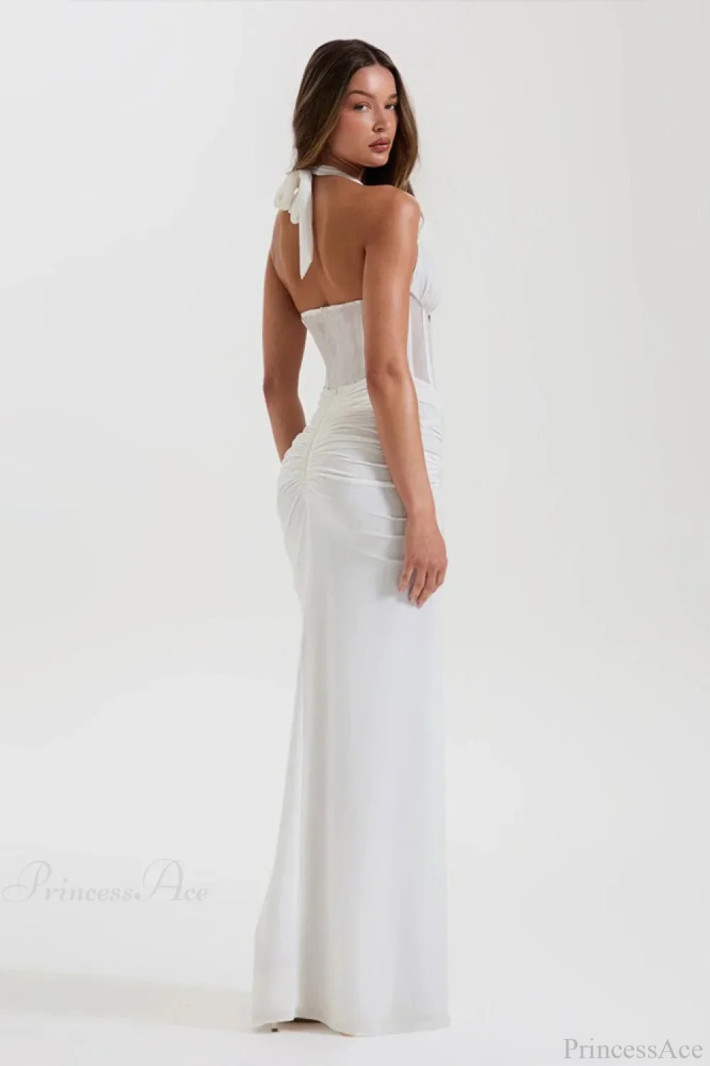Elegant Halter Tulle Paneled Bodycon Maxi Evening Dress - Image 4