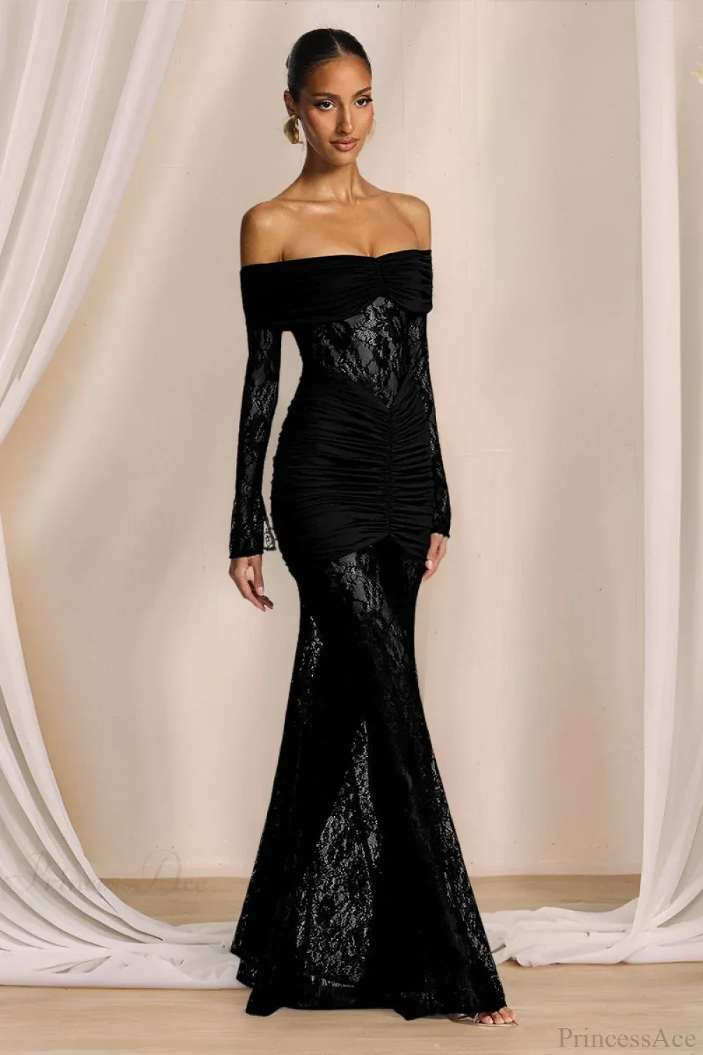 Elegant Lace Off-the-Shoulder Long Sleeve Bodycon Evening Dress - Image 3
