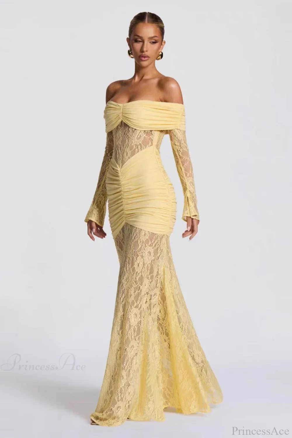 Elegant Lace Off-the-Shoulder Long Sleeve Bodycon Evening Dress - Image 4