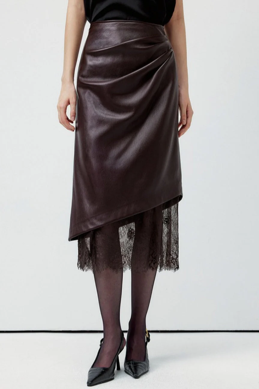 Elegant Lace Trim Leather Skirt - Image 4