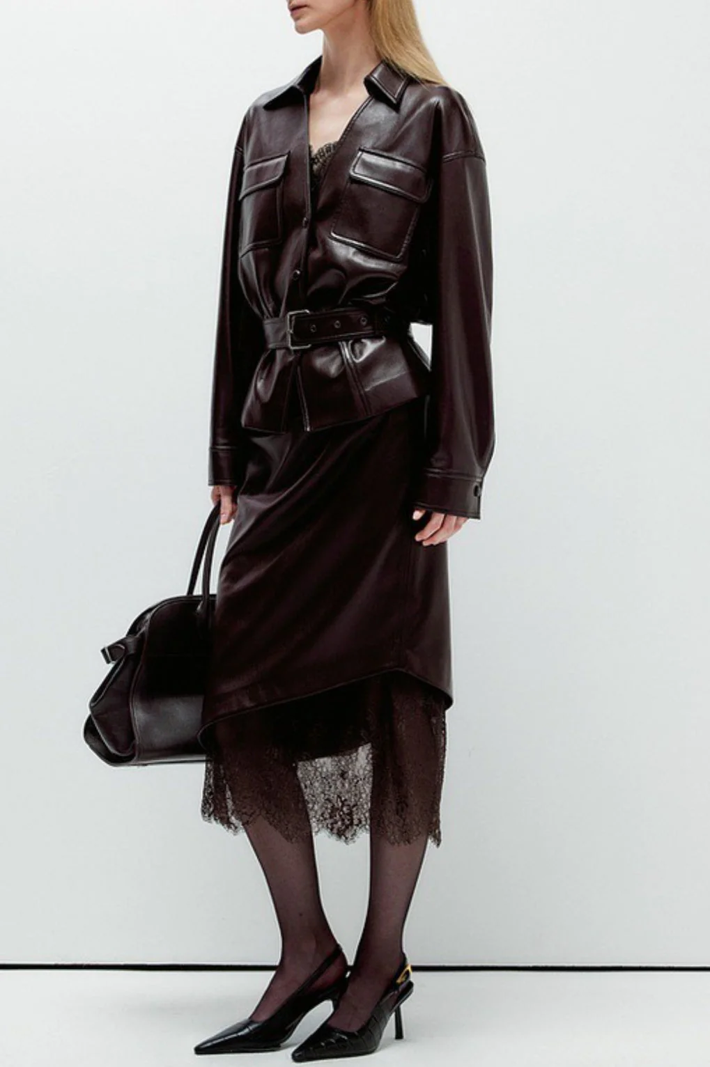 Elegant Lace Trim Leather Skirt - Image 5