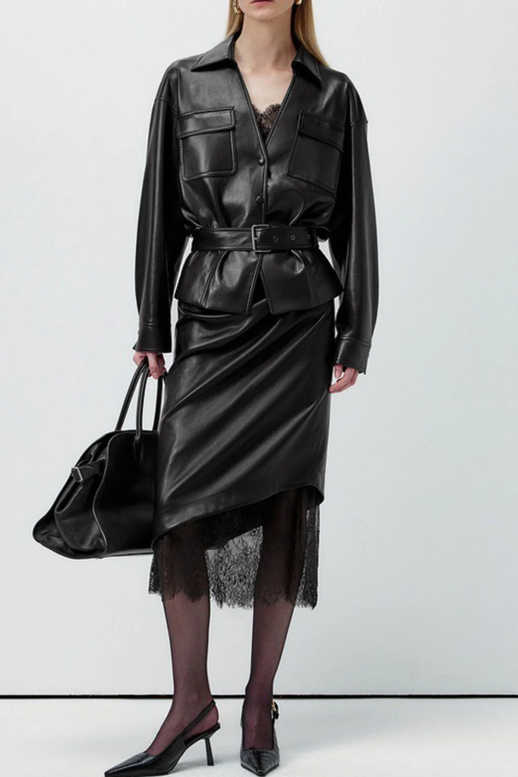 Elegant Lace Trim Leather Skirt - Image 6