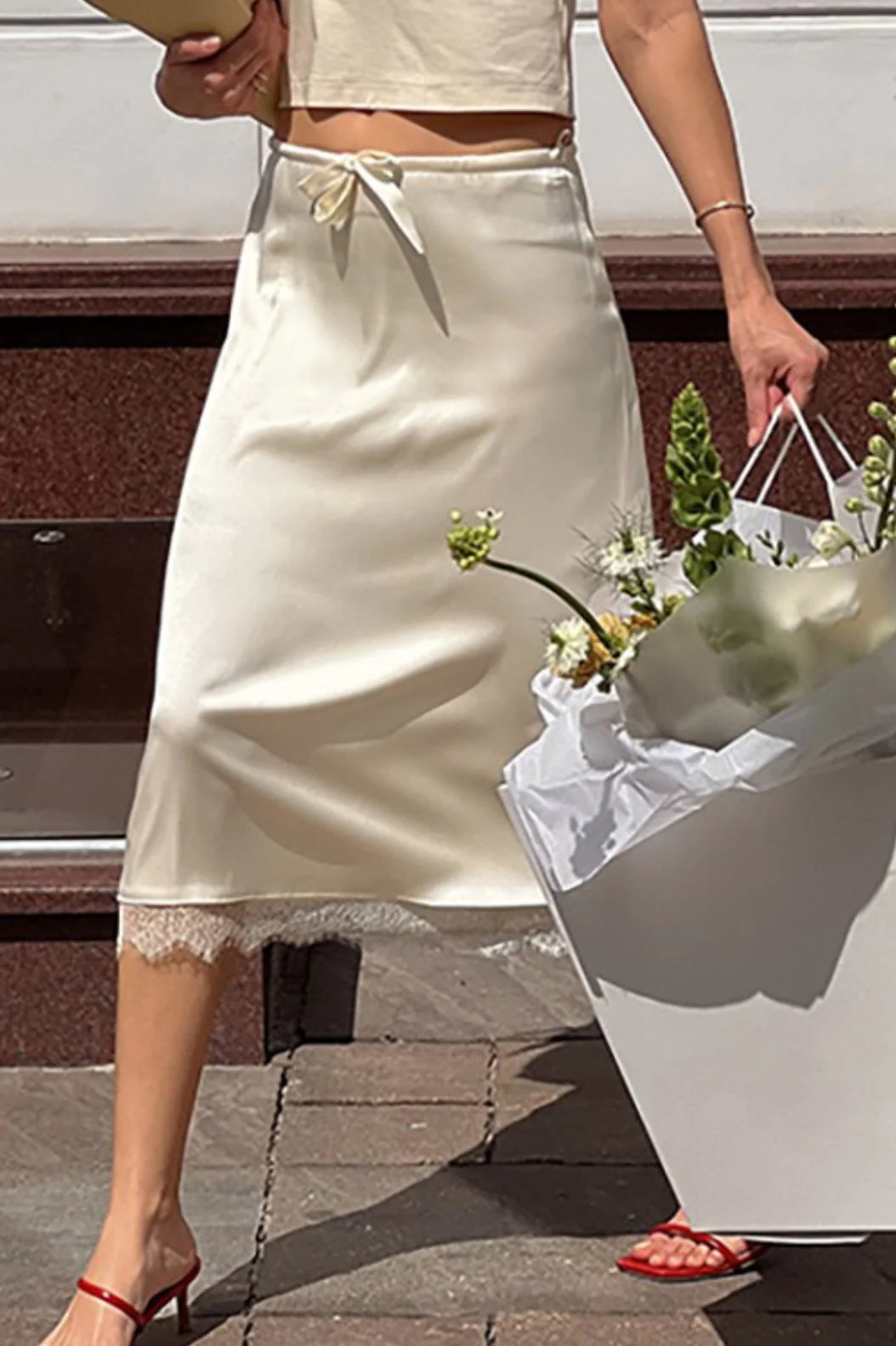 Elegant Lace Trim Tie Waist Midi Skirt - Image 2