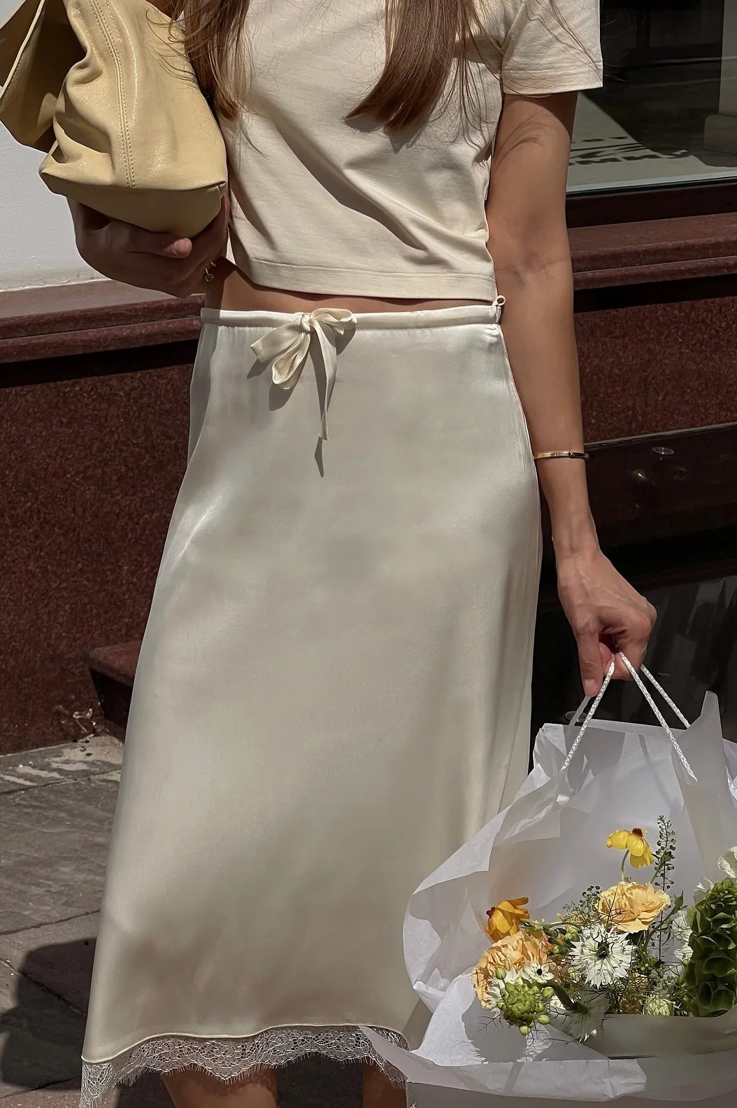 Elegant Lace Trim Tie Waist Midi Skirt - Image 3