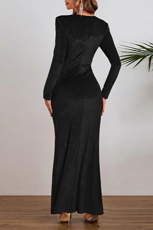 Elegant Long Sleeve Ruched Velvet Slit Fitted Waist Party Dress - Image 11