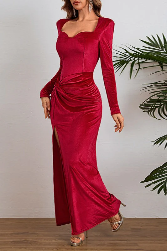 Elegant Long Sleeve Ruched Velvet Slit Fitted Waist Party Dress - Image 3
