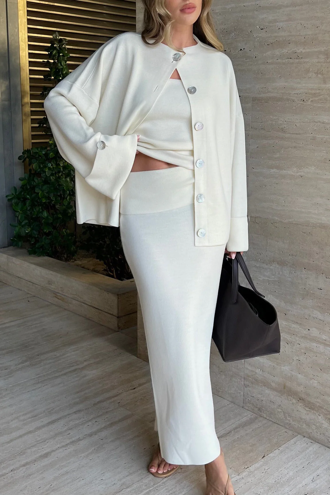 Elegant Minimalist Knit Long Sleeve Cardigan Cami Three Piece Set - Image 10