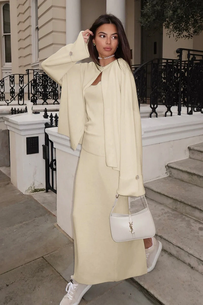 Elegant Minimalist Knit Long Sleeve Cardigan Cami Three Piece Set - Image 12