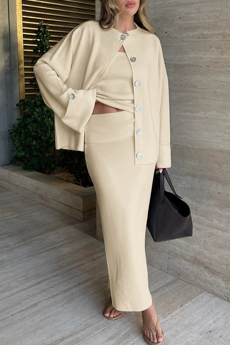 Elegant Minimalist Knit Long Sleeve Cardigan Cami Three Piece Set - Image 13