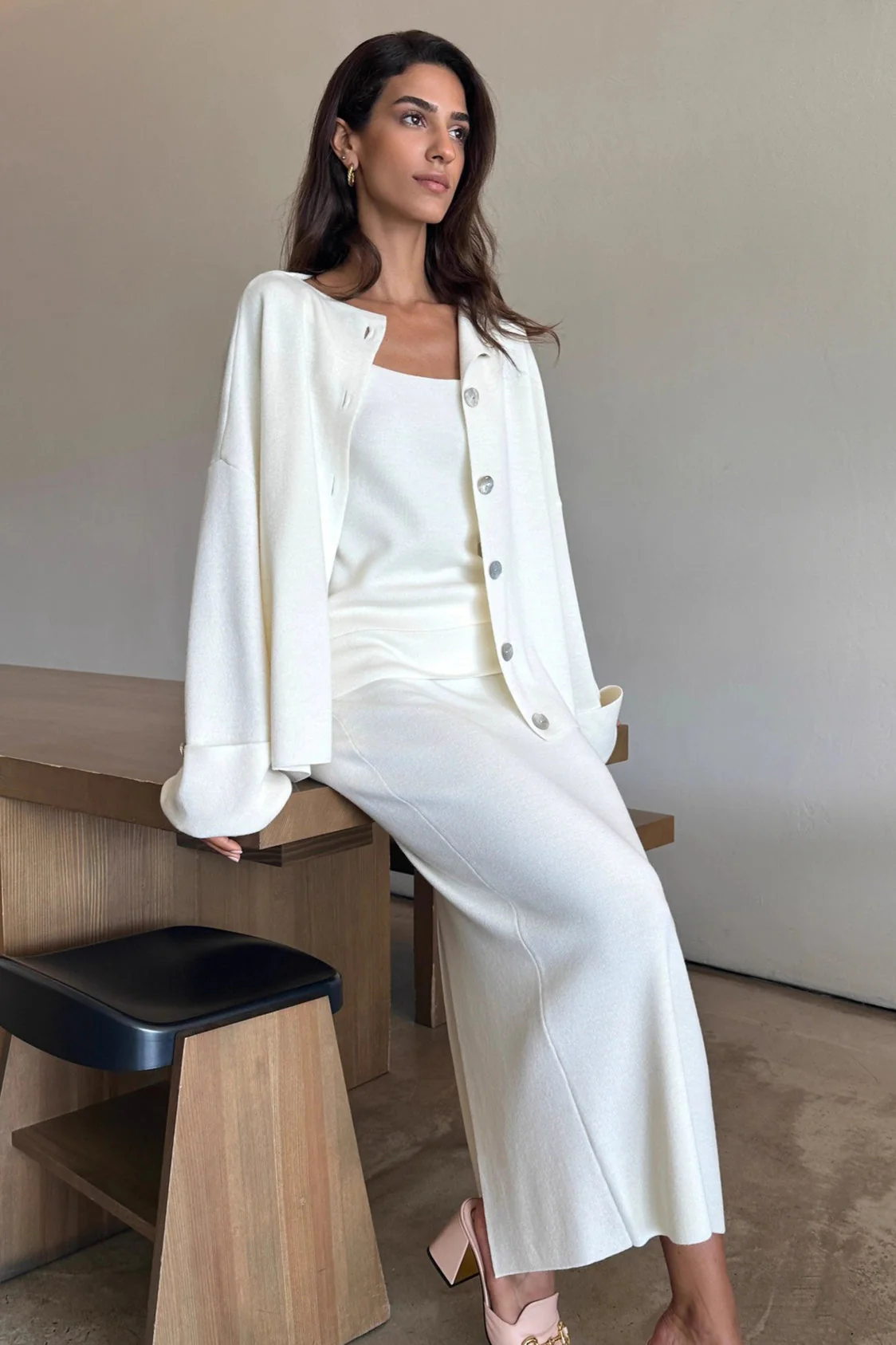 Elegant Minimalist Knit Long Sleeve Cardigan Cami Three Piece Set - Image 7