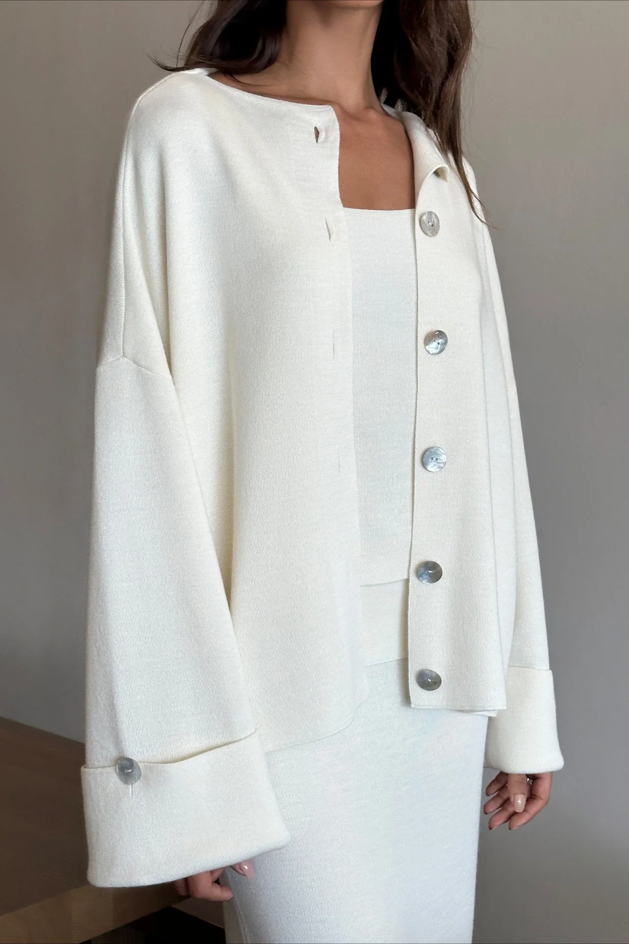 Elegant Minimalist Knit Long Sleeve Cardigan Cami Three Piece Set - Image 9
