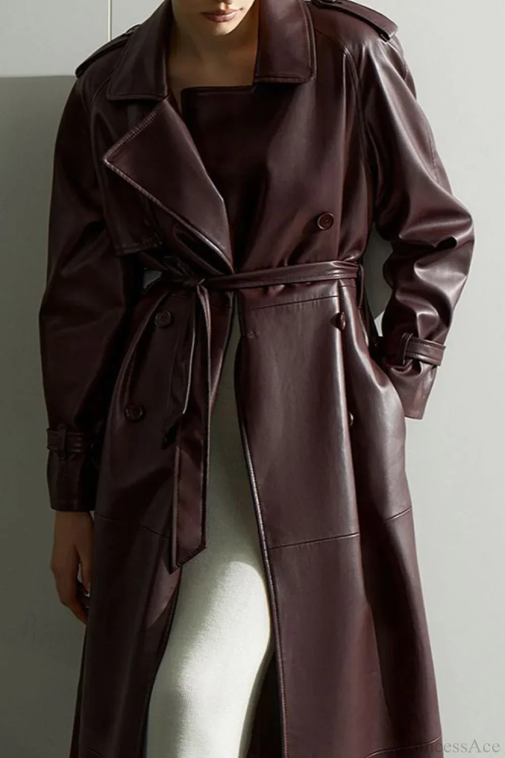 Vintage Elegant Minimalist Tie-Waist Faux Leather Overcoat - Image 3