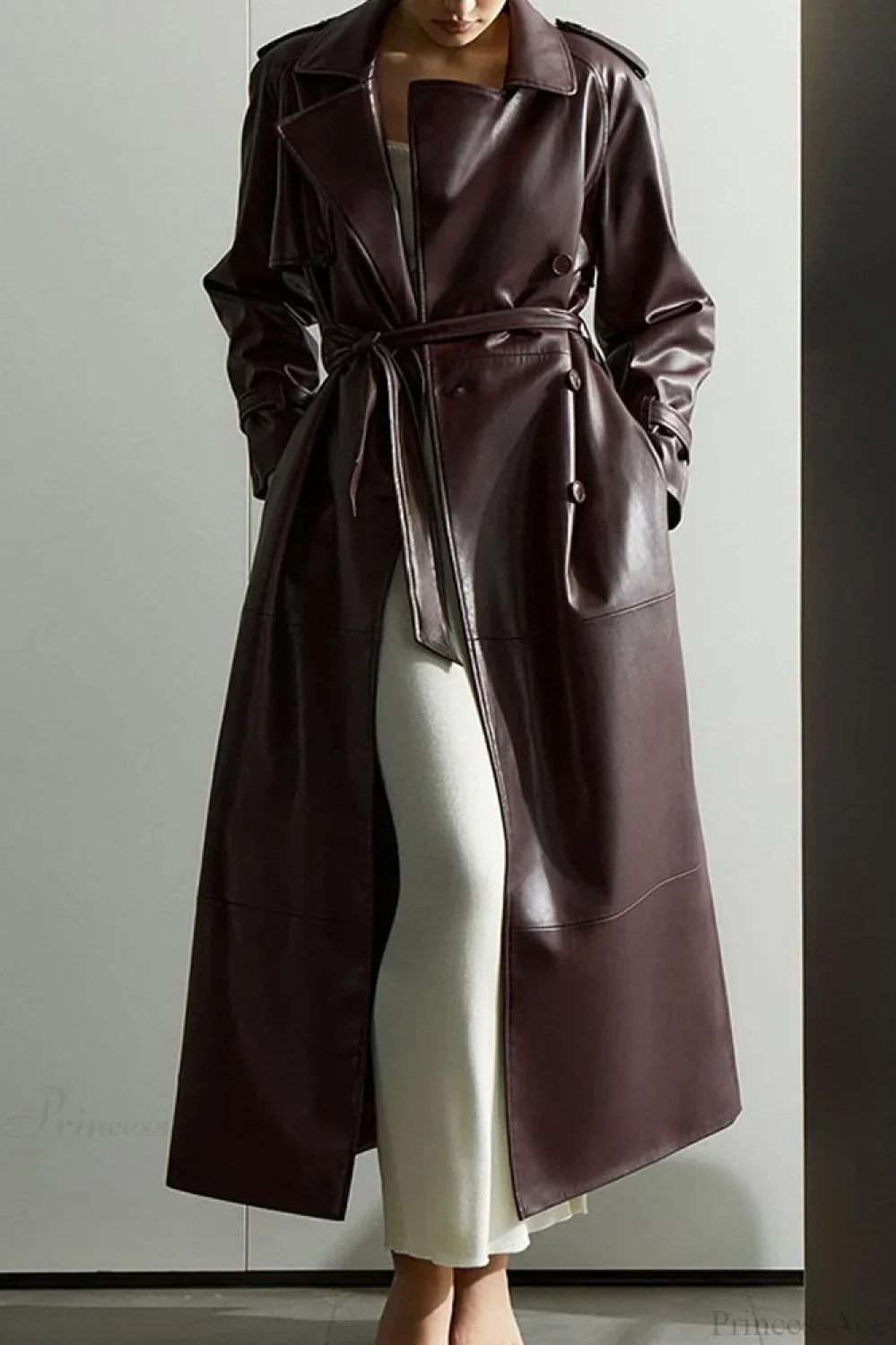 Vintage Elegant Minimalist Tie-Waist Faux Leather Overcoat - Image 4