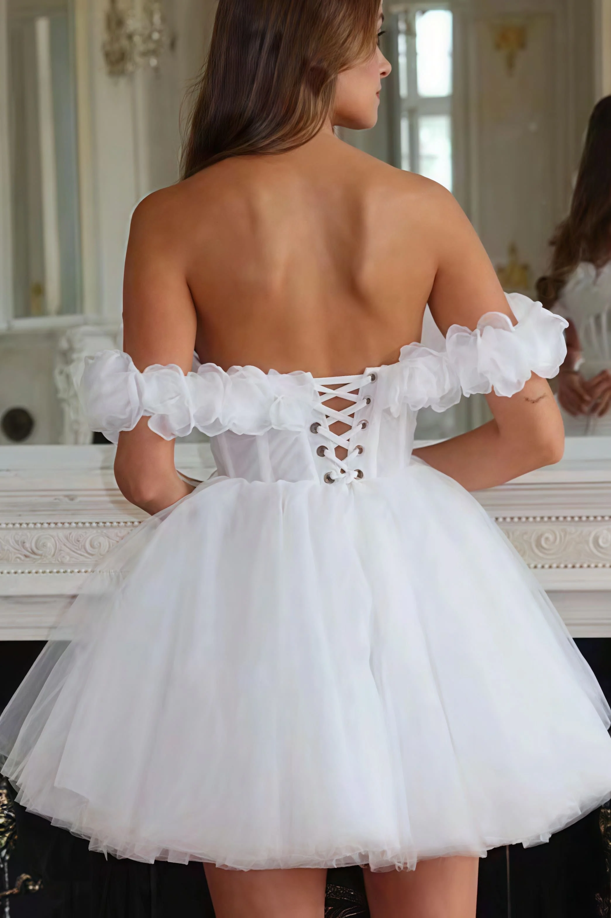 Elegant Off Shoulder Flower Boned Tulle Reception Dress - Image 2
