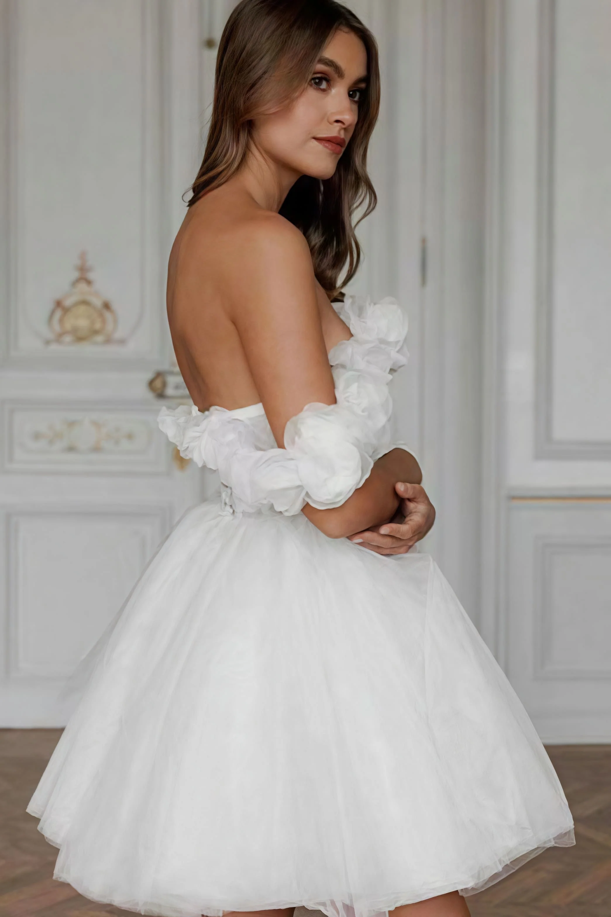 Elegant Off Shoulder Flower Boned Tulle Reception Dress - Image 3
