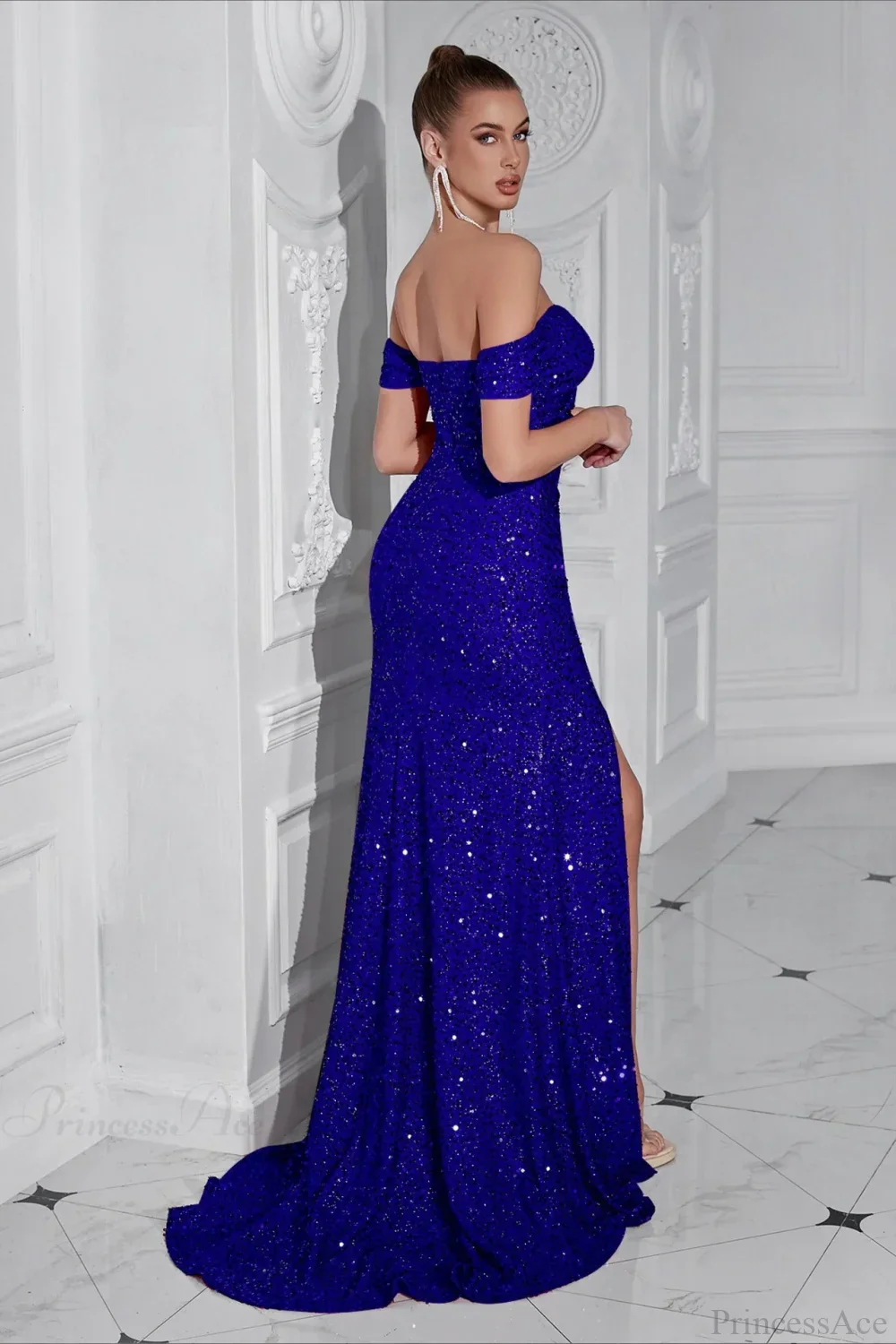 Elegant Off-The-Shoulder Sequin High Slit Fitted Evening Dress - Image 2