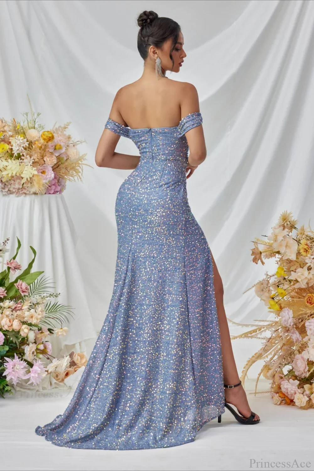 Elegant Off-The-Shoulder Sequin High Slit Fitted Evening Dress - Image 4