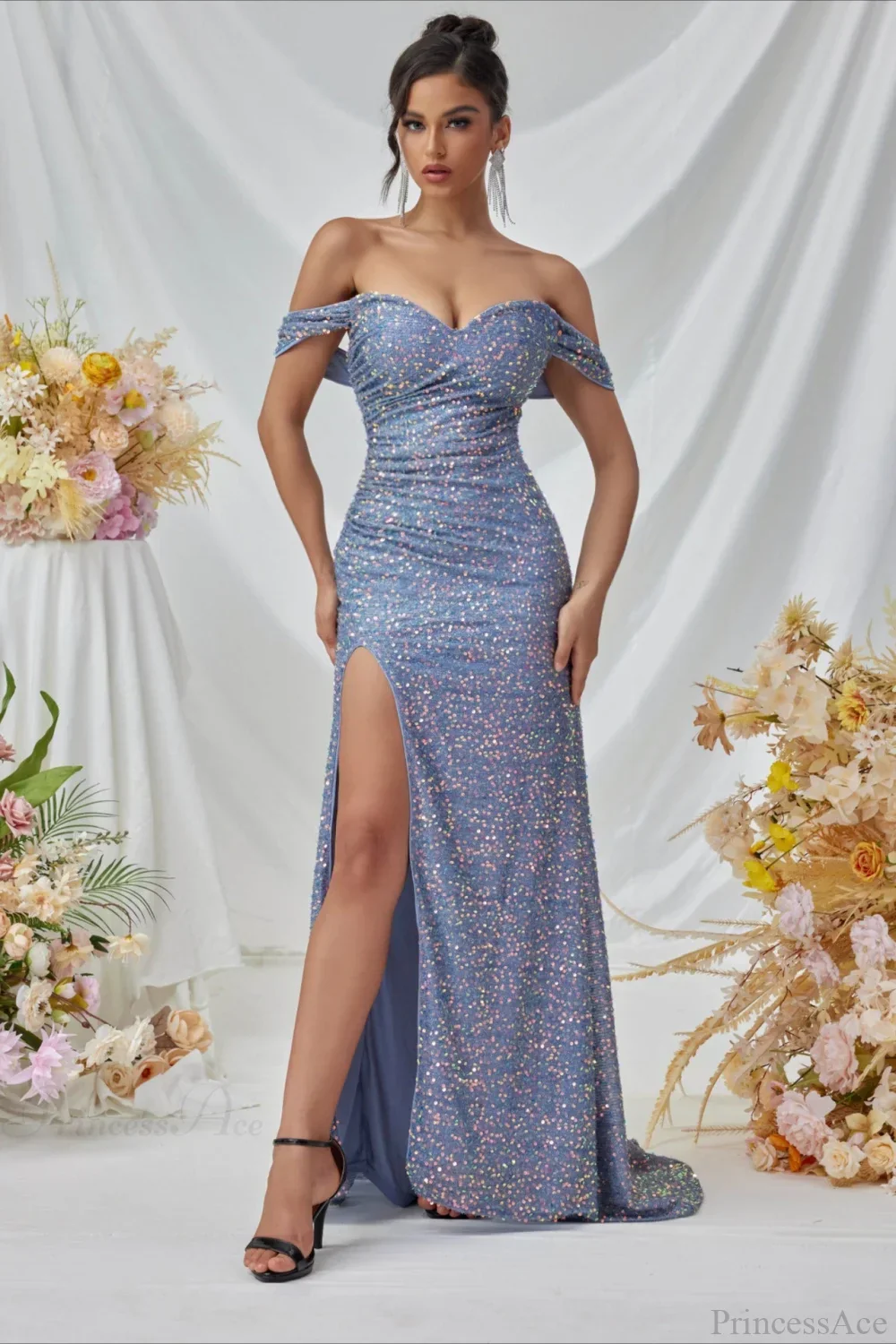 Elegant Off-The-Shoulder Sequin High Slit Fitted Evening Dress - Image 5