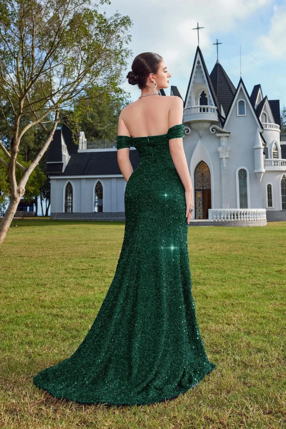 Elegant Off-The-Shoulder Sequin High Slit Fitted Evening Dress - Image 7