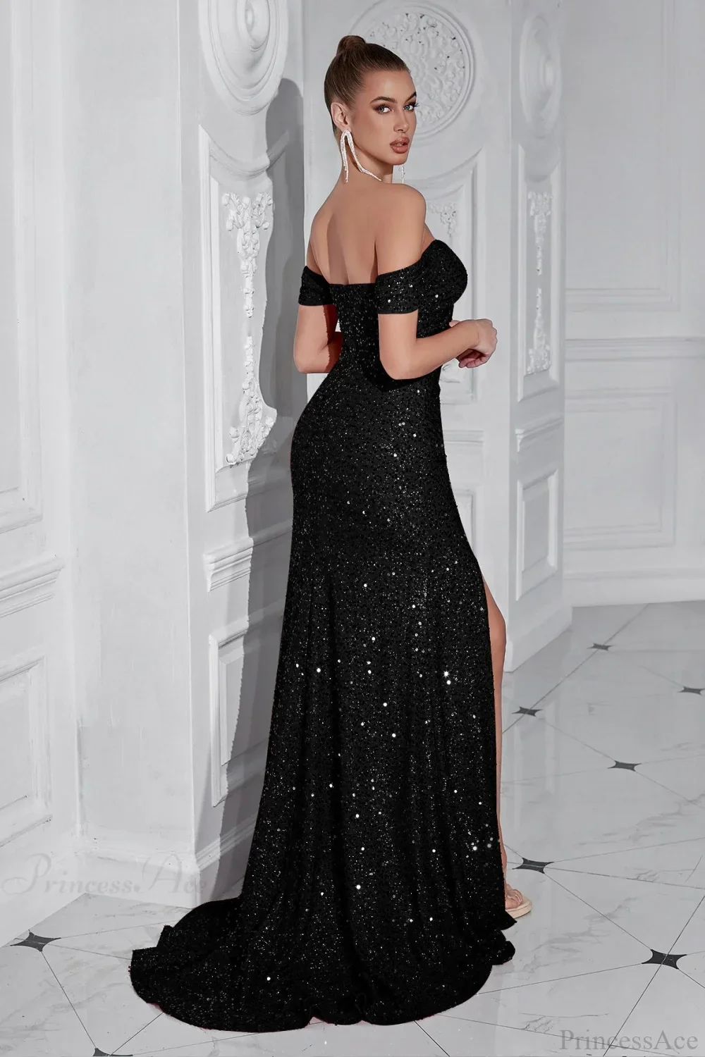 Elegant Off-The-Shoulder Sequin High Slit Fitted Evening Dress - Image 9