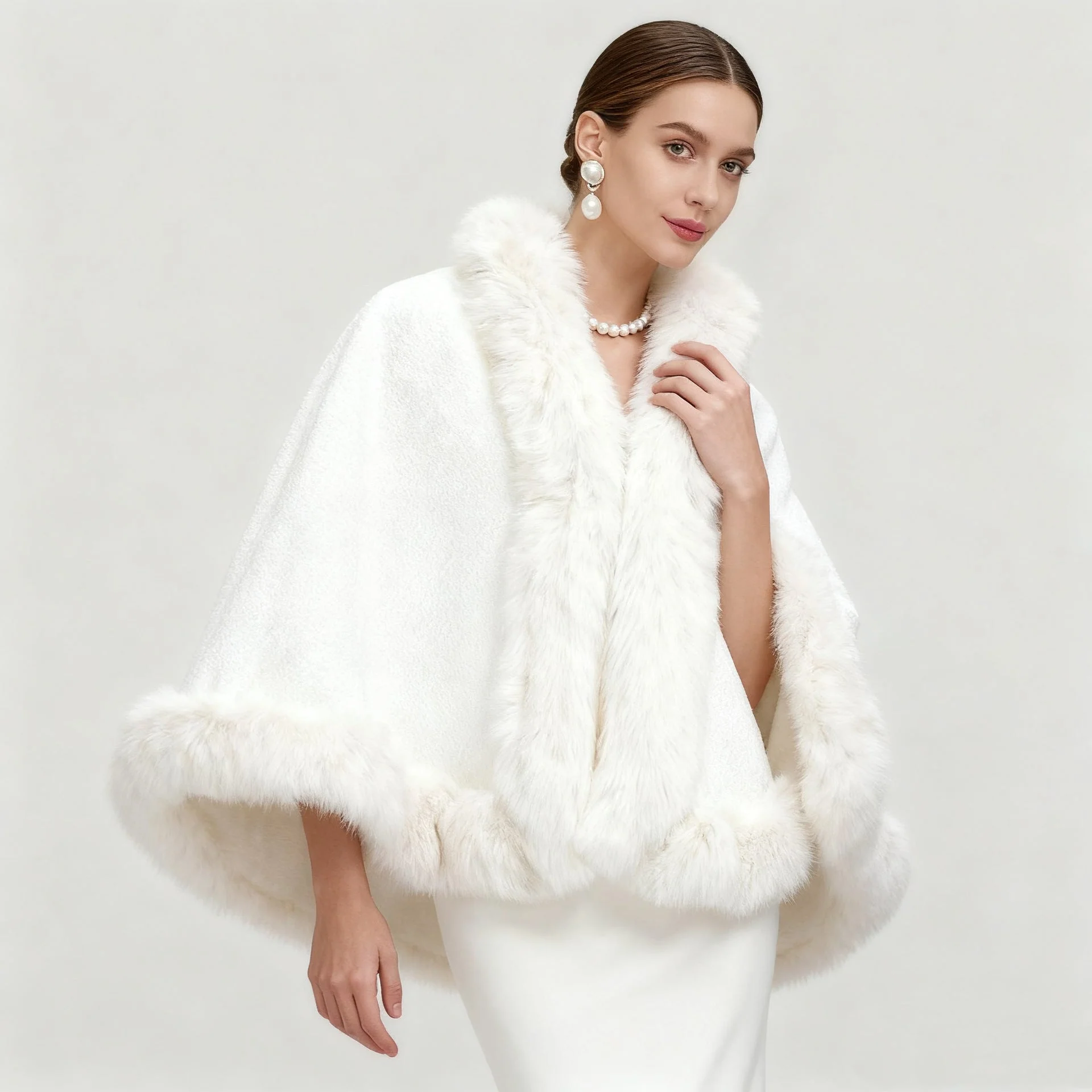 Elegant Oversized Faux Fur Paneled Cape Coat - Image 2