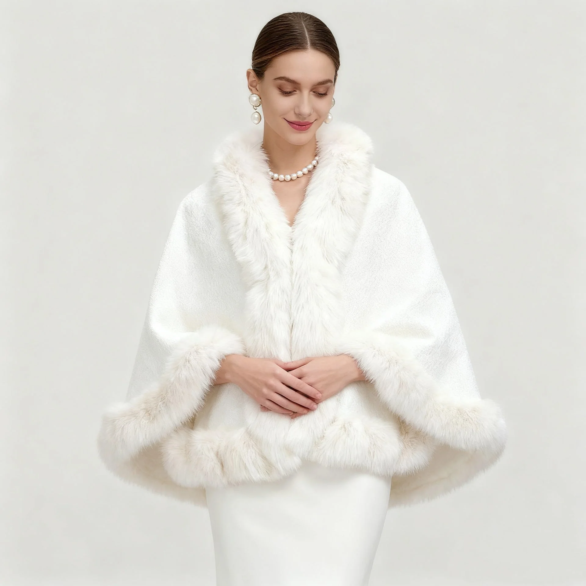 Elegant Oversized Faux Fur Paneled Cape Coat - Image 3