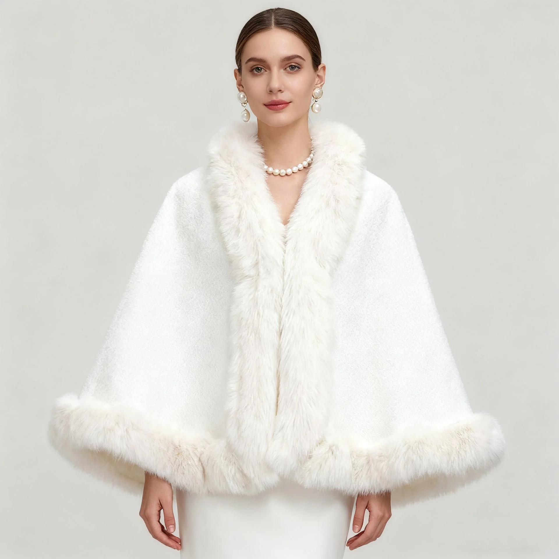 Elegant Oversized Faux Fur Paneled Cape Coat - Image 4