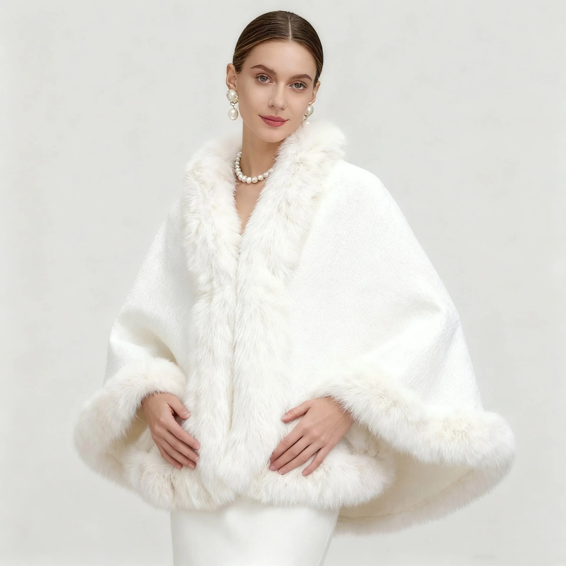 Elegant Oversized Faux Fur Paneled Cape Coat - Image 5