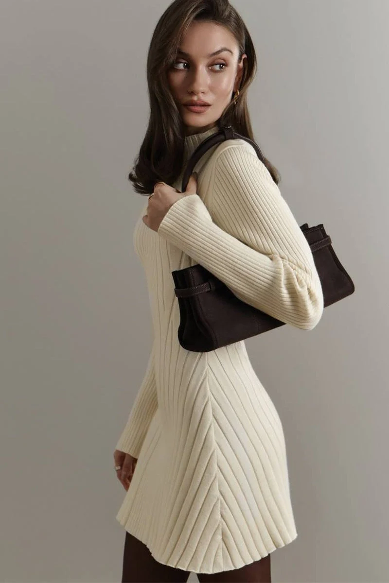 Elegant Playful Knit Mock Neck Long Sleeve A Line Mini Dress - Image 2