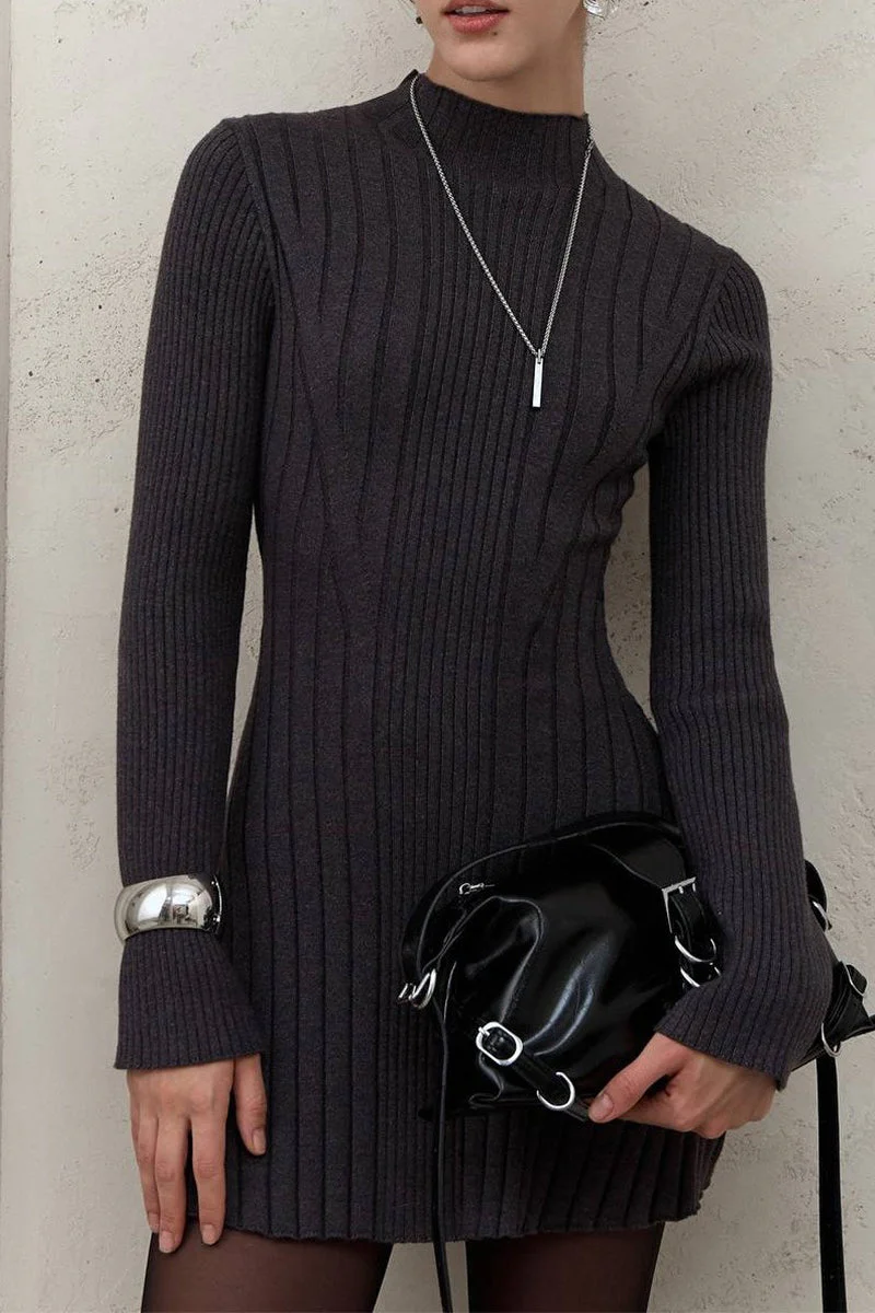 Elegant Playful Knit Mock Neck Long Sleeve A Line Mini Dress - Image 3