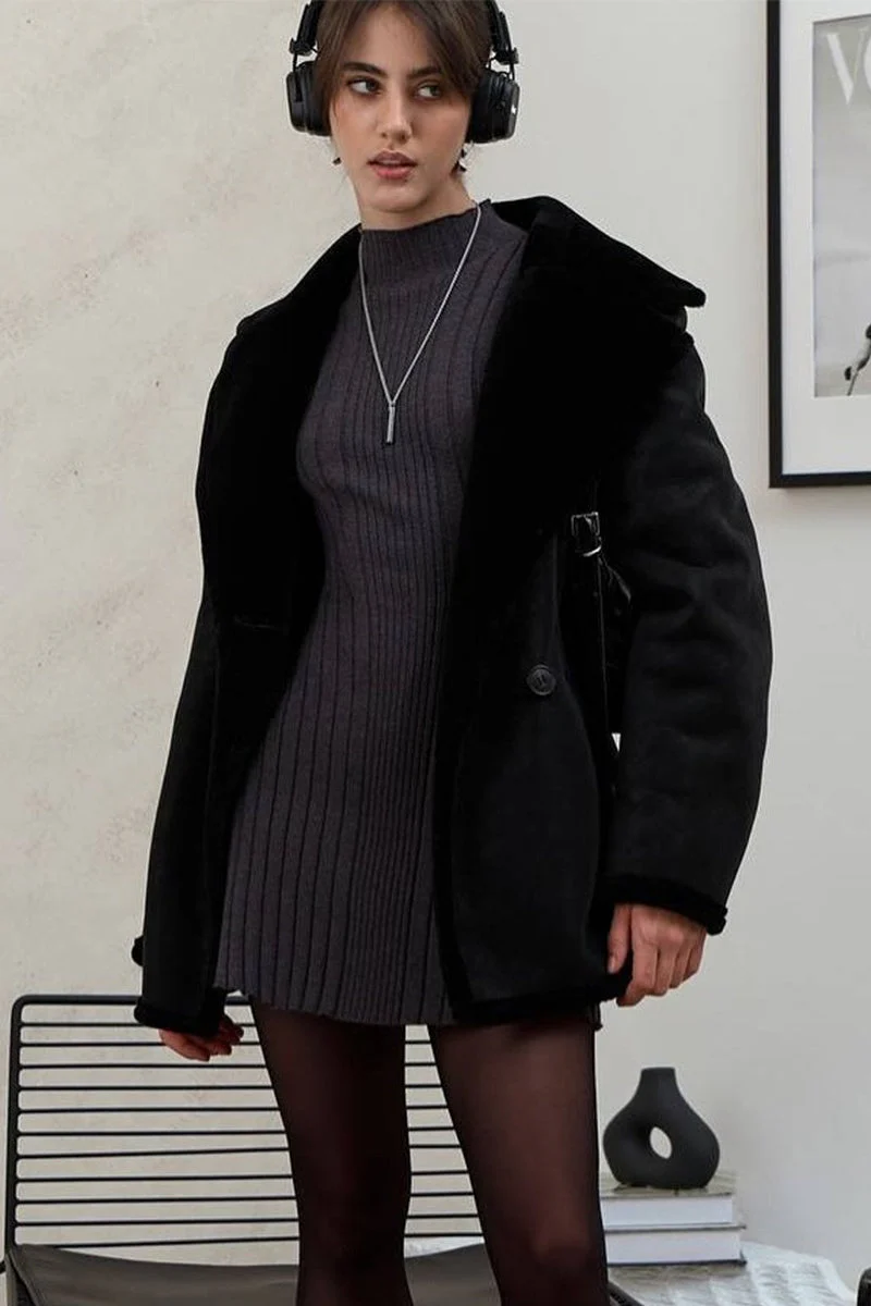 Elegant Playful Knit Mock Neck Long Sleeve A Line Mini Dress - Image 4
