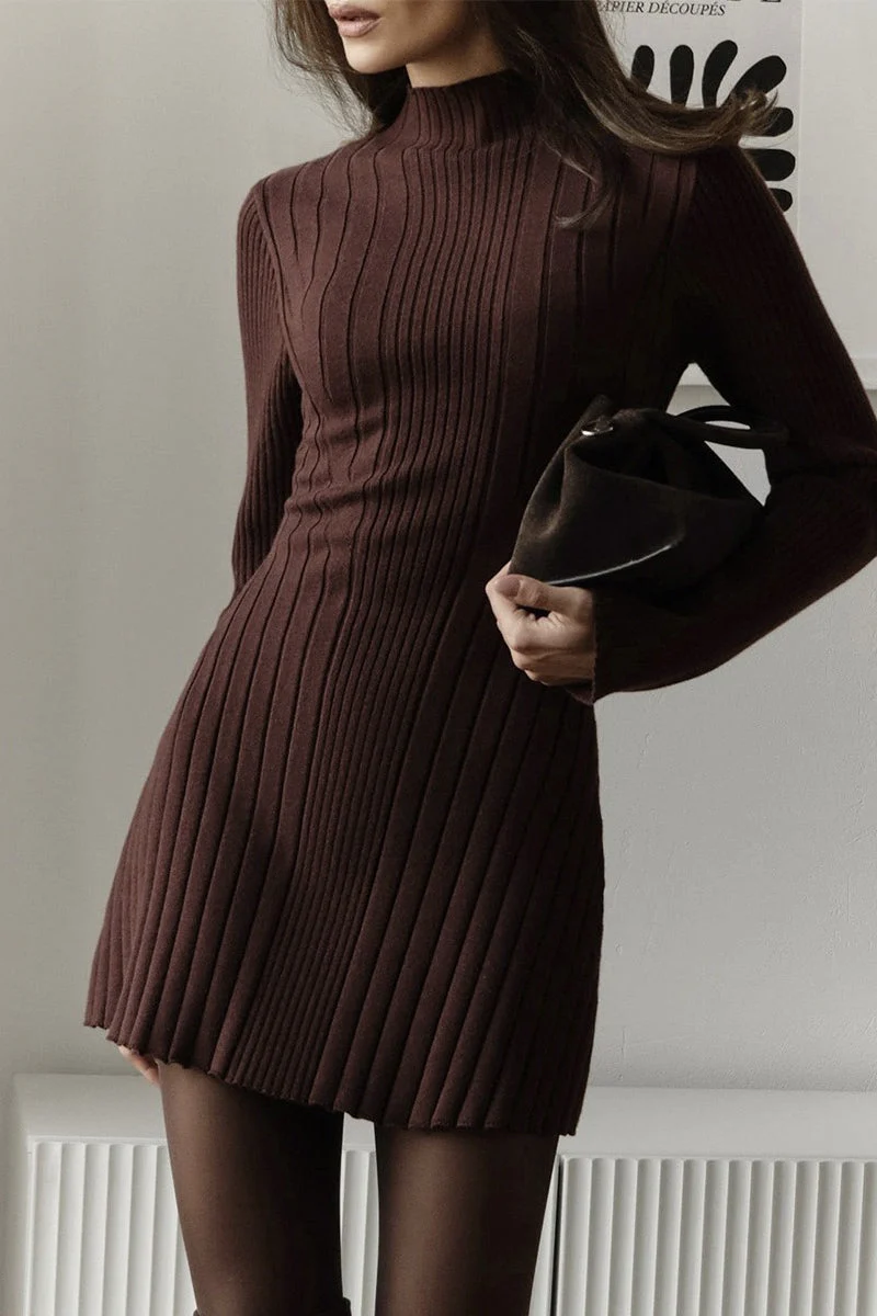 Elegant Playful Knit Mock Neck Long Sleeve A Line Mini Dress - Image 6