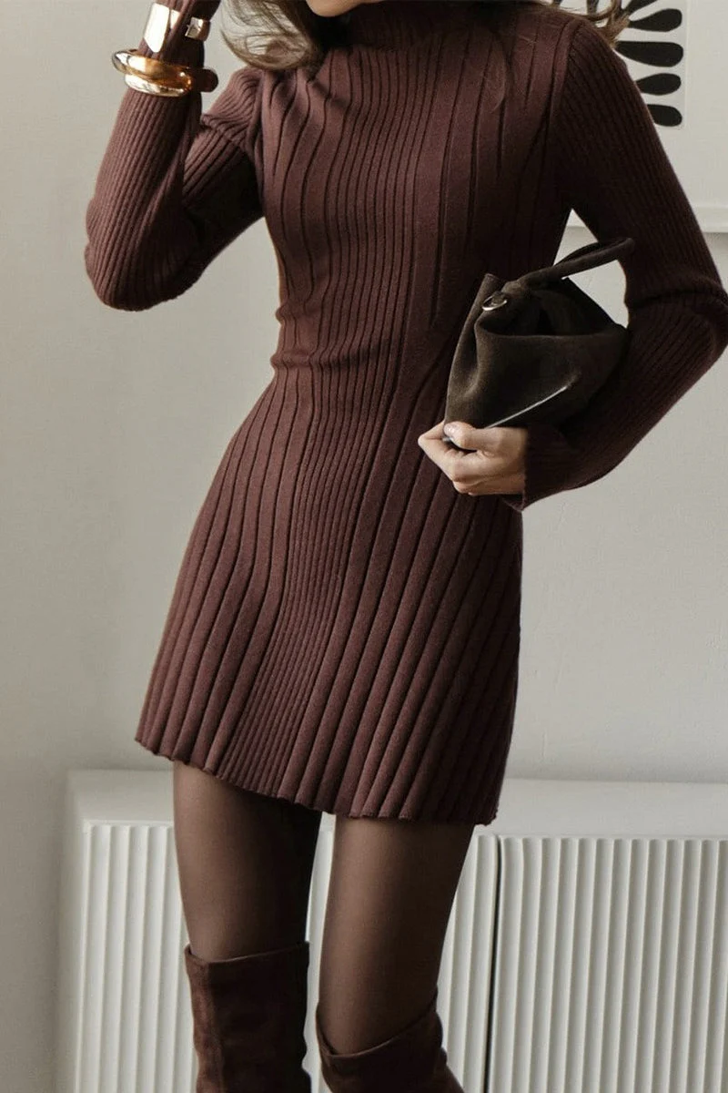Elegant Playful Knit Mock Neck Long Sleeve A Line Mini Dress - Image 7