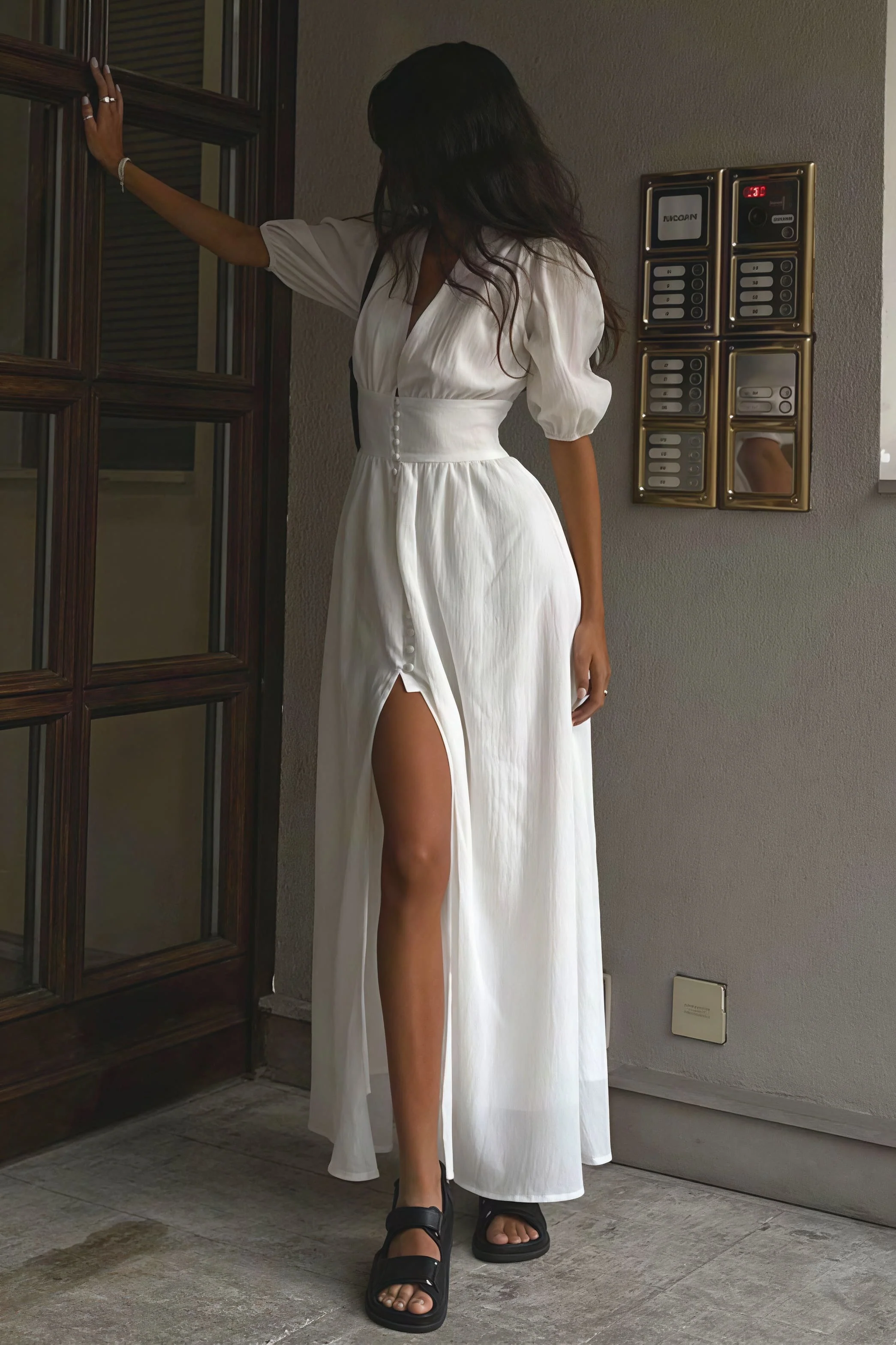 Elegant Puff Sleeve Deep V Slit Midi Dress - Image 2