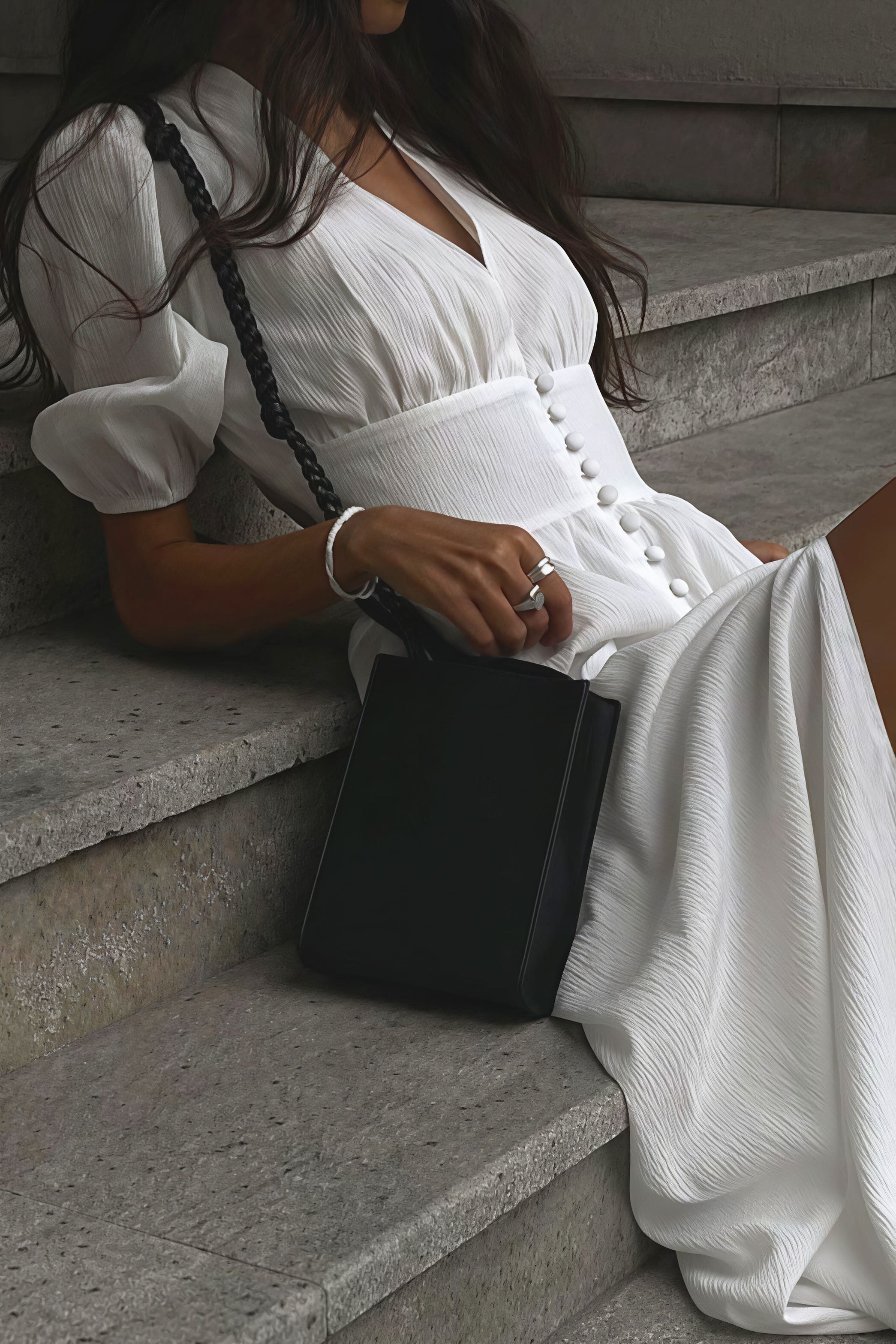 Elegant Puff Sleeve Deep V Slit Midi Dress - Image 4