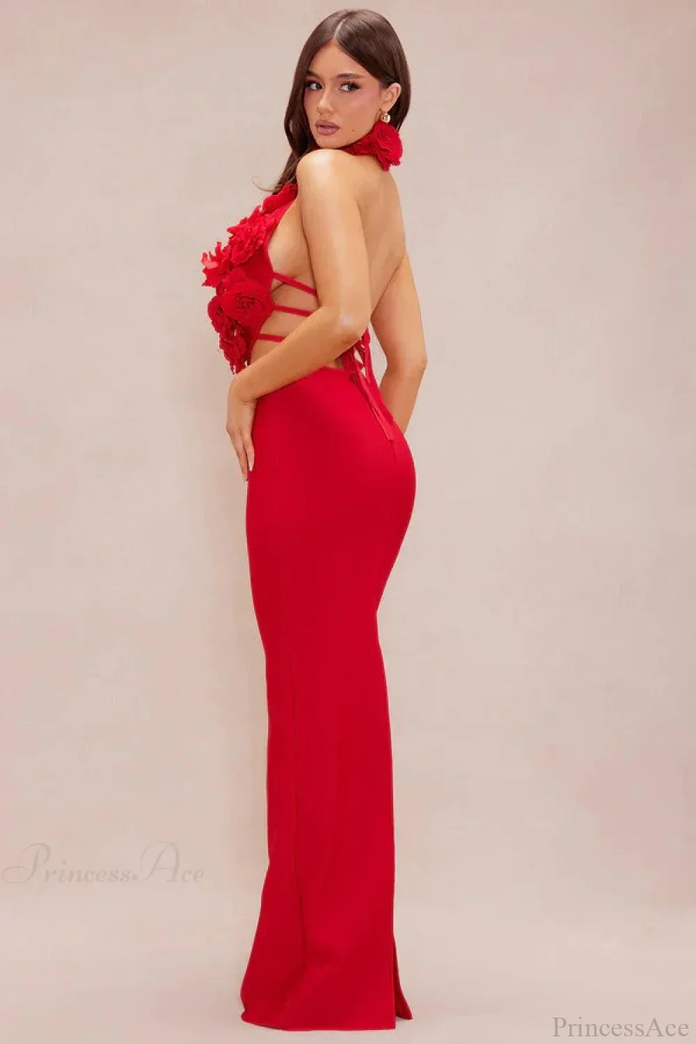 Elegant Red Floral Backless Maxi Bodycon Evening Dress - Image 2