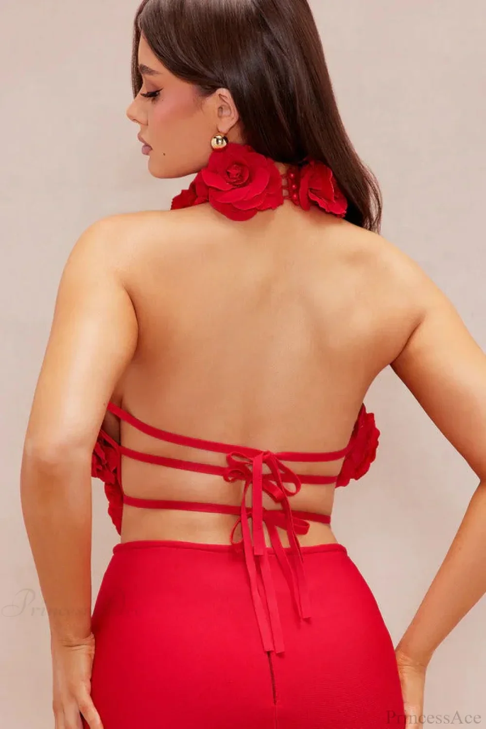 Elegant Red Floral Backless Maxi Bodycon Evening Dress - Image 3