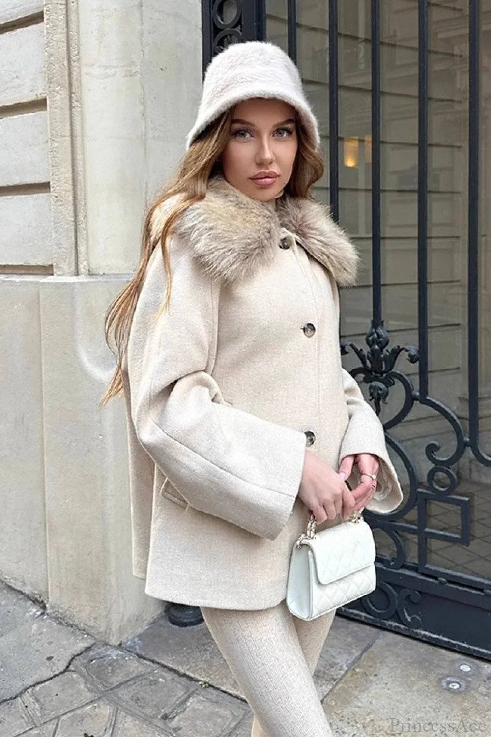Elegant Relaxed Faux Fur Collar Single-Breasted Coat - Image 2