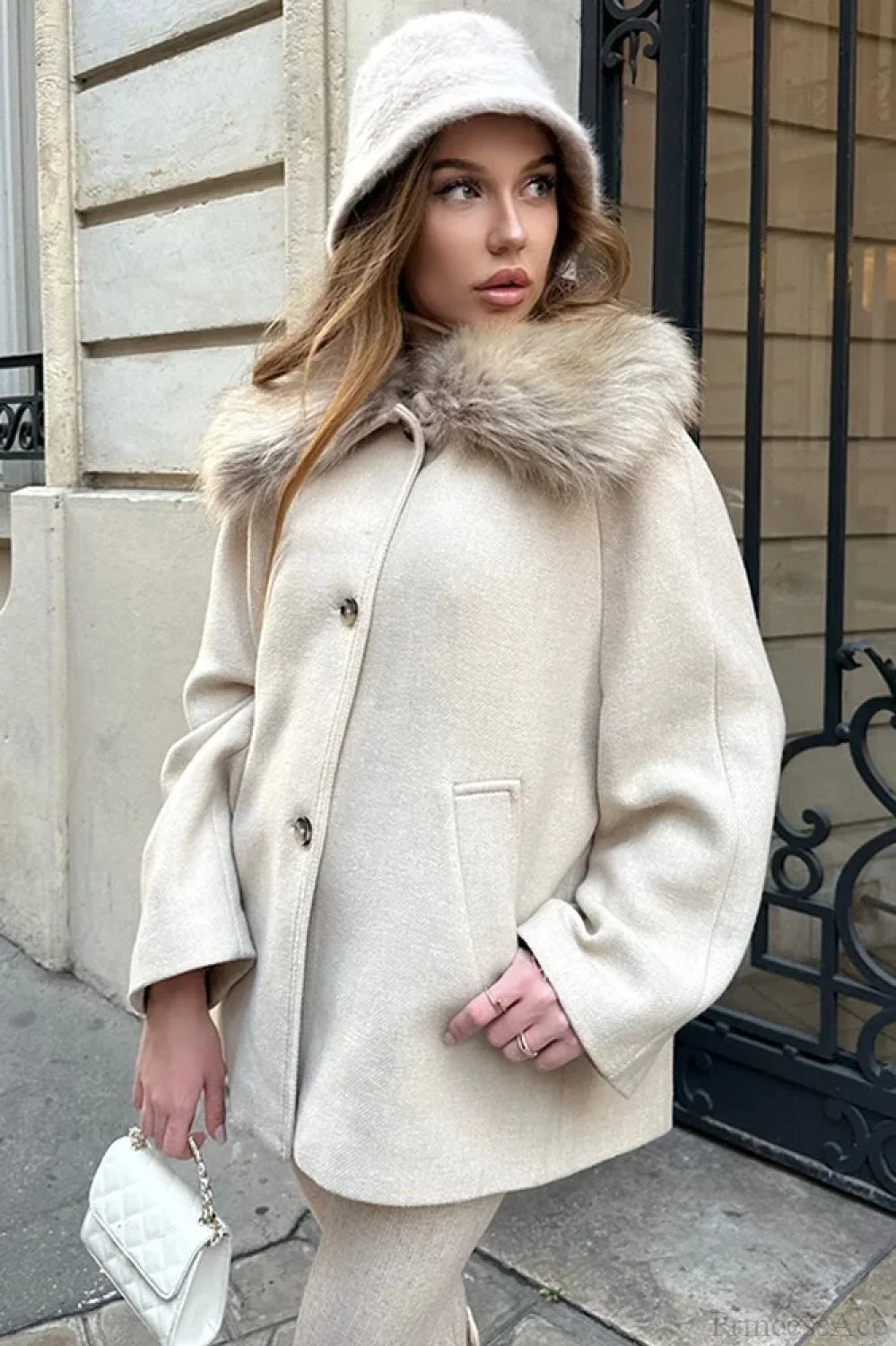 Elegant Relaxed Faux Fur Collar Single-Breasted Coat - Image 3