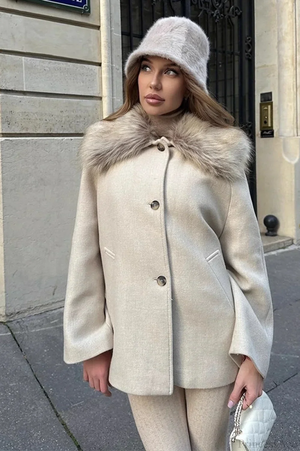 Elegant Relaxed Faux Fur Collar Single-Breasted Coat - Image 5