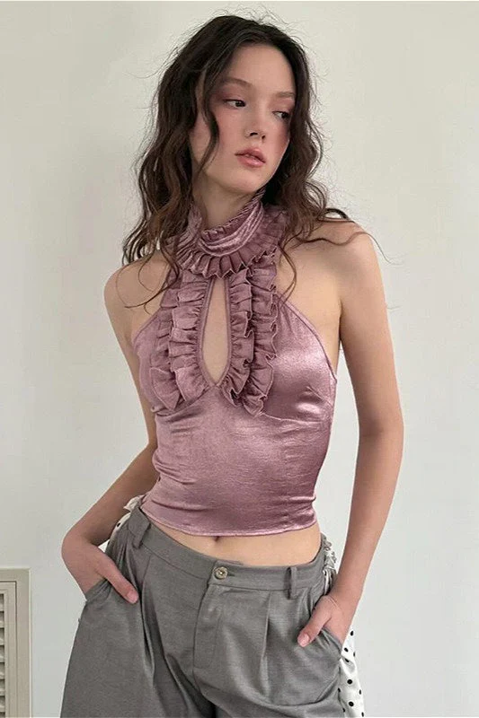 Elegant Ruffled Cutout Stand Collar Cropped Tank Top - Image 2