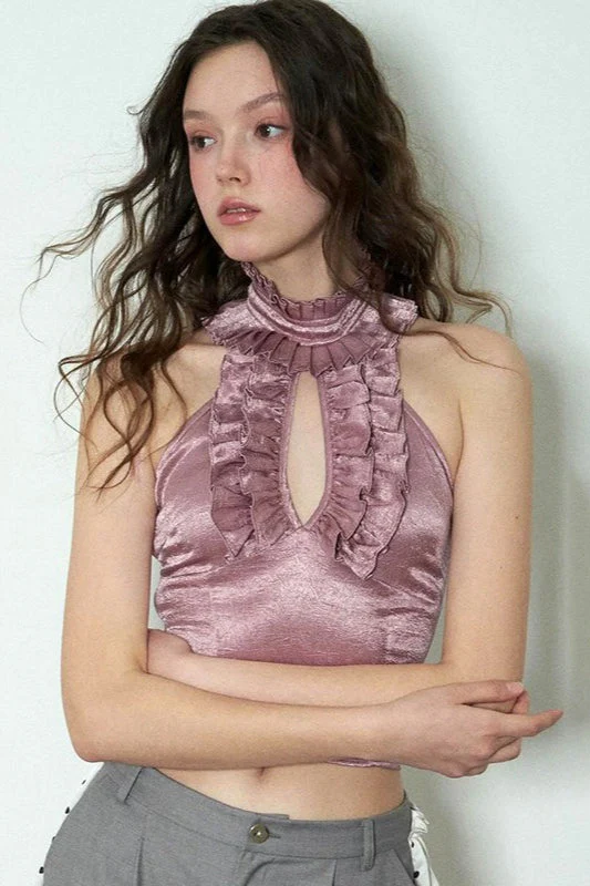 Elegant Ruffled Cutout Stand Collar Cropped Tank Top - Image 4