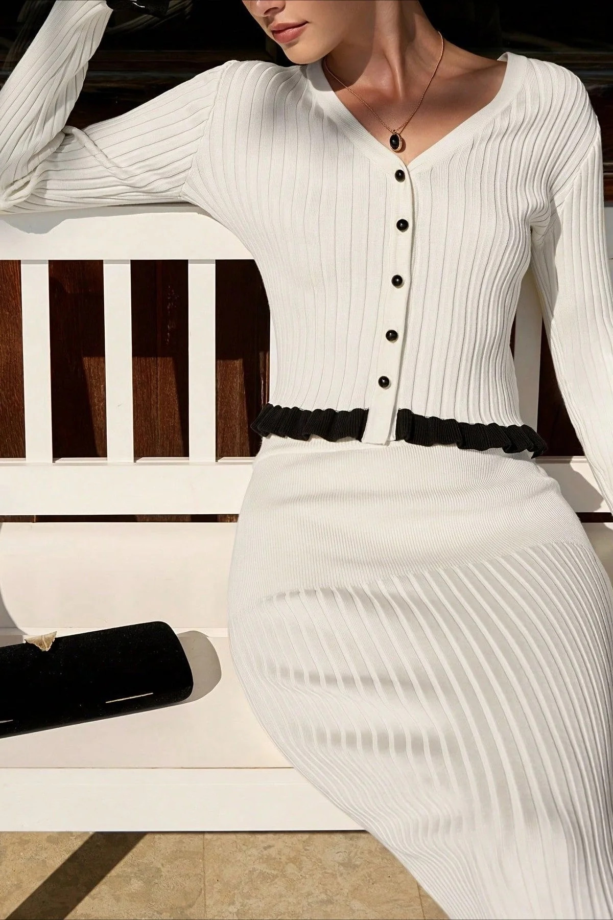 Elegant Ruffled Long-Sleeve Knit Skirt Two Piece Set - Image 2